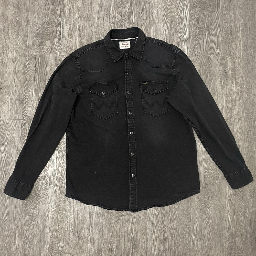 Wrangler Shirt Men's Large Black Western Pearl Snap Button Up Workwear Cowboy